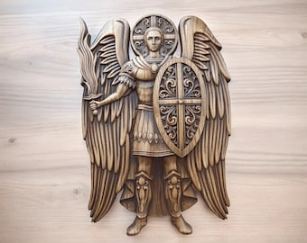 Archangel Michael Wall Plaque St Michael Wooden Statue Wood Carvings Chriatian Wall Art Christian Gift Archangel Michael Wood Religious Icon