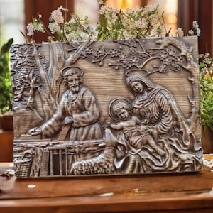 Holy Family Wooden Carved Catholic Wall Art Byzantine Icon Christmas Gift Holy Family Wooden Carved Wall Plaque Byzantine Icon Wall Hanging