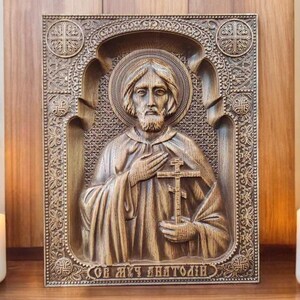 Saint Anatoly Wooden Orthodox Icon Wooden Carved Christian Sculpture Wall Hanging Orthodox Icon Wood Carving Religious Gifts Christian Gift