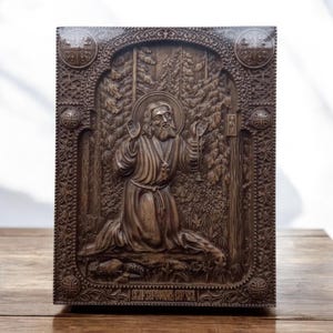 Saint Seraphim of Sarov Greek Orthodox Icon Handcrafted Icon Saint Seraphim of Sarov Wooden Icon Seraphim of Sarov Wooden Carved Icon Gift