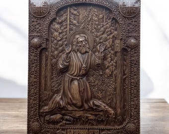 Saint Seraphim of Sarov Greek Orthodox Icon Handcrafted Icon Saint Seraphim of Sarov Wooden Icon Seraphim of Sarov Wooden Carved Icon Gift