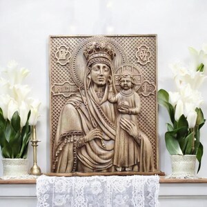 Blessed Our Lady Loving Wooden Carved Icon of Virgin Mary Gift Wall Hanging Art Work Wooden Gift Christian Home Decor Wooden Icon Humility