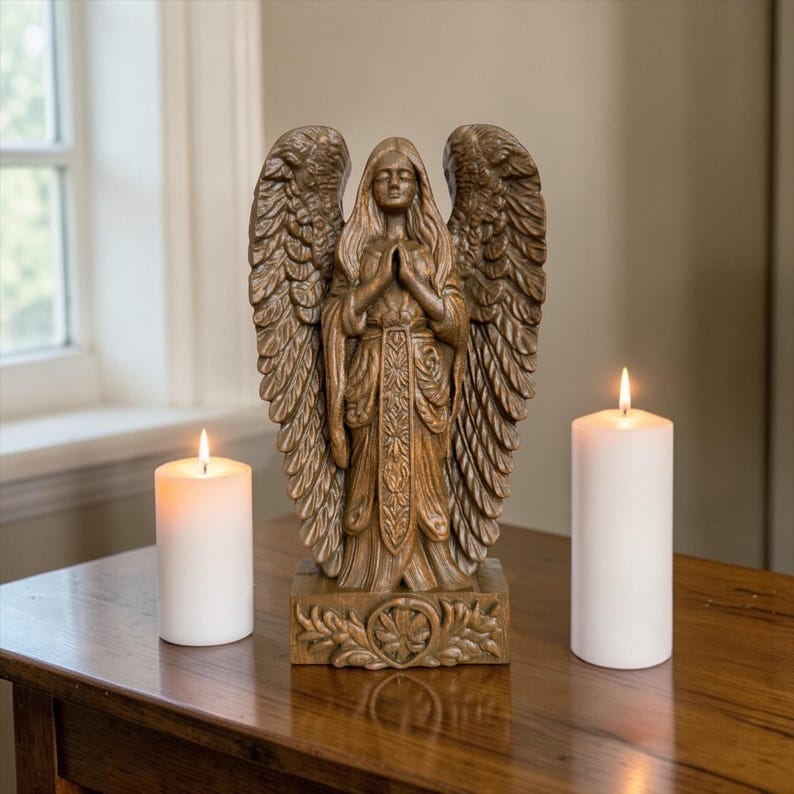 Angel Statue Wooden Angel Sculpture Wood Carving Angel Art Angel Figurine Angel Decor Guardian Angel Wood Angel Wooden Figurine Catholic Art image 1