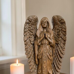 Angel Statue Wooden Angel Sculpture Wood Carving Angel Art Angel Figurine Angel Decor Guardian Angel Wood Angel Wooden Figurine Catholic Art image 2