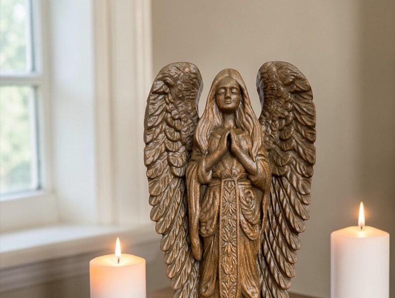 Angel Statue Wooden Angel Sculpture Wood Carving Angel Art Angel Figurine Angel Decor Guardian Angel Wood Angel Wooden Figurine Catholic Art image 2