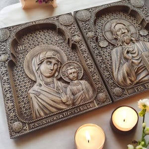 Wooden Exquisite Wedding Icons Carved Wood Icon Wedding Couple The Savior The Most Holy Theotokos Jesus Christ Kazan Icon Mother of God Gift
