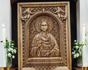 Saint Panteleimon de grote martelaar pictogram houtsnijwerk Grieks icoon van Saint Panteleimon Byzantijnse kunst muur hangende plaquette christelijk decor cadeau