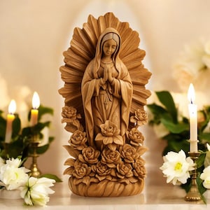 Estatua católica de Nuestra Señora de Lourdes Estatua de la Virgen María de madera Estatua de la Virgen de Guadalupe Arte popular mexicano Altar de madera de Nuestra Señora de Guadalupe