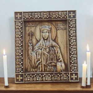 Saint Tamara Wooden Carved Picture Handcrafted Gift Wood Carvings Orthodox Icon Saint Tamara Icon Saint Tamara Queen St Tamar Wooden Icon