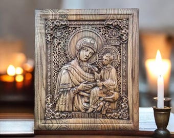 Icono de Nuestra Señora de Tikhvin Icono de la Virgen María Icono ortodoxo tallado a mano Icono ortodoxo de la Madre de Dios Icono ortodoxo de Theotokos Iconos cristianos Iconos bizantinos