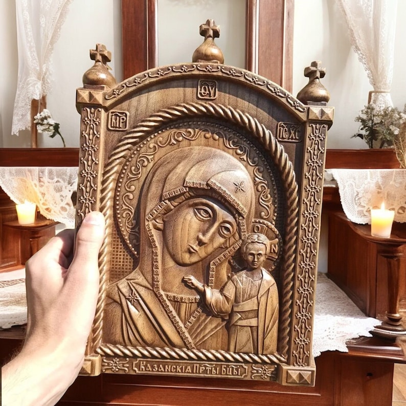Virgin Mary Icon Wood Carving of Christian Wall Art Wooden Unique Decor ...