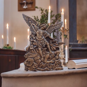 Archangel Michael Natural Wood Statue Wooden Carved Home Decor Christian Gift Christian Statue Michael Archangel Statue Saint Michael Altar