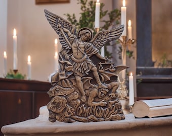 Archangel Michael Natural Wood Statue Wooden Carved Home Decor Christian Gift Christian Statue Michael Archangel Statue Saint Michael Altar