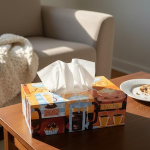 May include: A rectangular cardboard tissue box featuring a colourful graphic print of various coffee drinks, including a French press, mugs, and pastries, with the words Caffe and Mocha printed on the sides, holding white paper tissues.