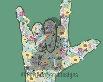 Peut inclure: Un signe de la main en forme du symbole de la langue des signes américaine pour "Je t'aime" est composé de fleurs et de papillons colorés.