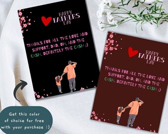 May include: Two Father's Day cards with the text "HAPPY FATHERS DAY" and a message thanking Dad. One card is black, the other is brown. Both cards feature a heart and a graphic of a father and child.