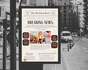 Editable Birthday Newspaper | Large Newspaper Canva Template | Newspaper For Birthday Invitation | Unique Birthday Ideas | Digital | Custom