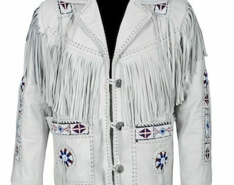 May include: White leather jacket with fringe detailing and beaded accents. The jacket has a button closure and long sleeves.