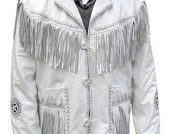 May include: White leather jacket with fringe detailing and decorative stitching. The jacket has a button closure and two pockets.