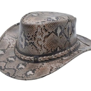 May include: A brown cowboy hat with a snakeskin pattern. The hat has a braided leather band with a metal buckle.