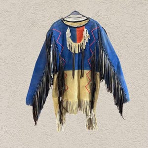 Veste de guerre en cuir daim amérindien de style sioux occidental avec franges, chemise de guerre indienne, veste en cuir daim faite main