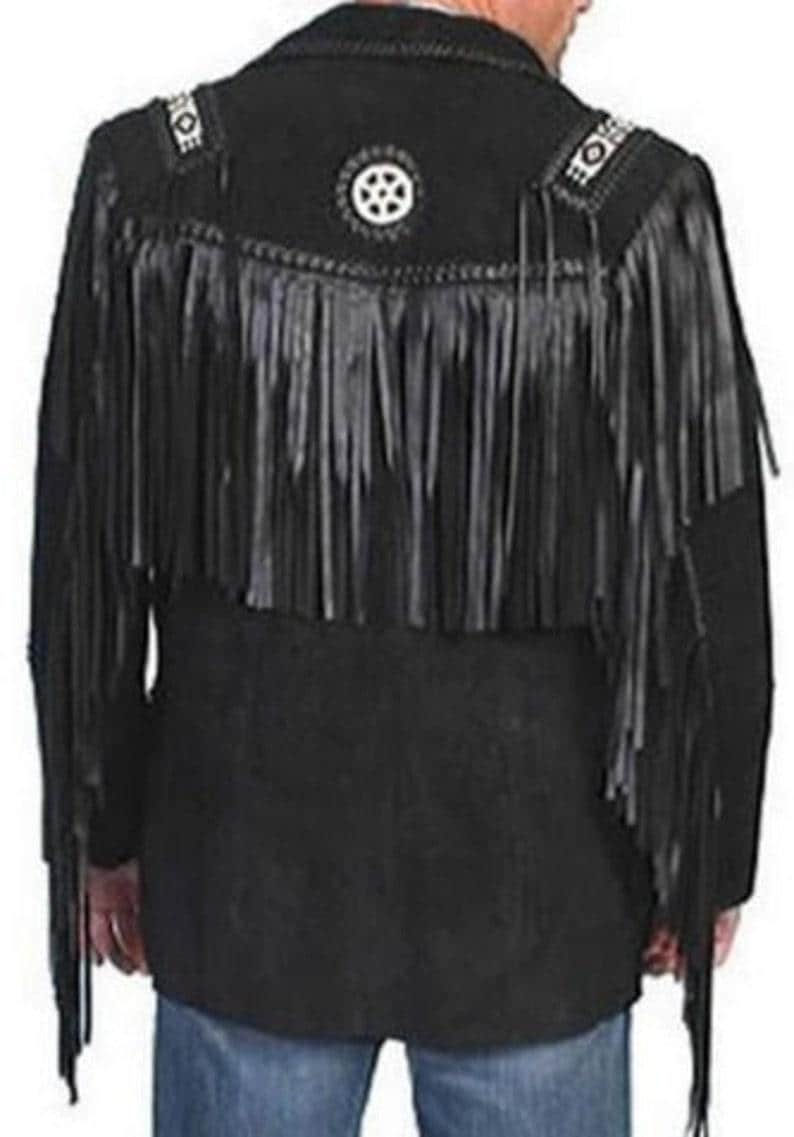 Black Western Cowboy Men's Brown Fringed Suede Leather Jacket main image 1