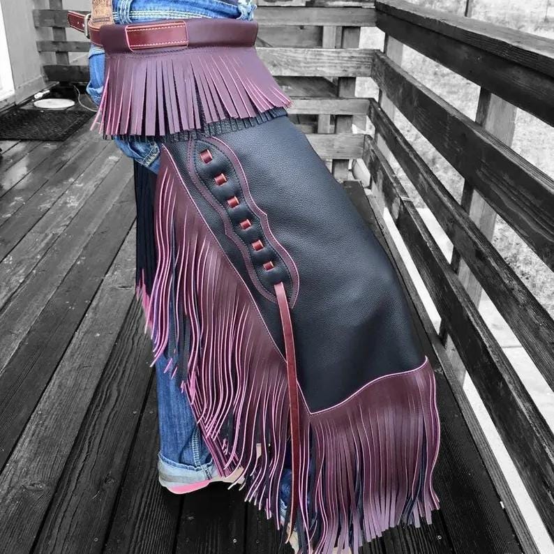 Chaps Cuir Violet Femme - Pantalon D'équitation Western Avec Franges - Taille Unique