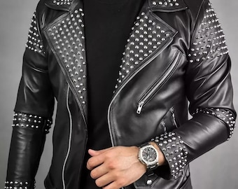 Studded Leather Biker Jacket - Men's Genuine Cowhide - Motorcycle