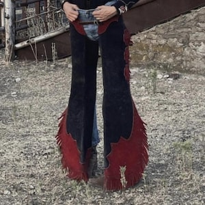 Handmade Suede Cowgirl Chaps: Black Leather Rodeo Pants with Fringe