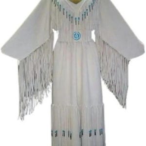 Woman&#39;s White Leather Beaded Long Fringes Wedding Dress Powwow Regalia