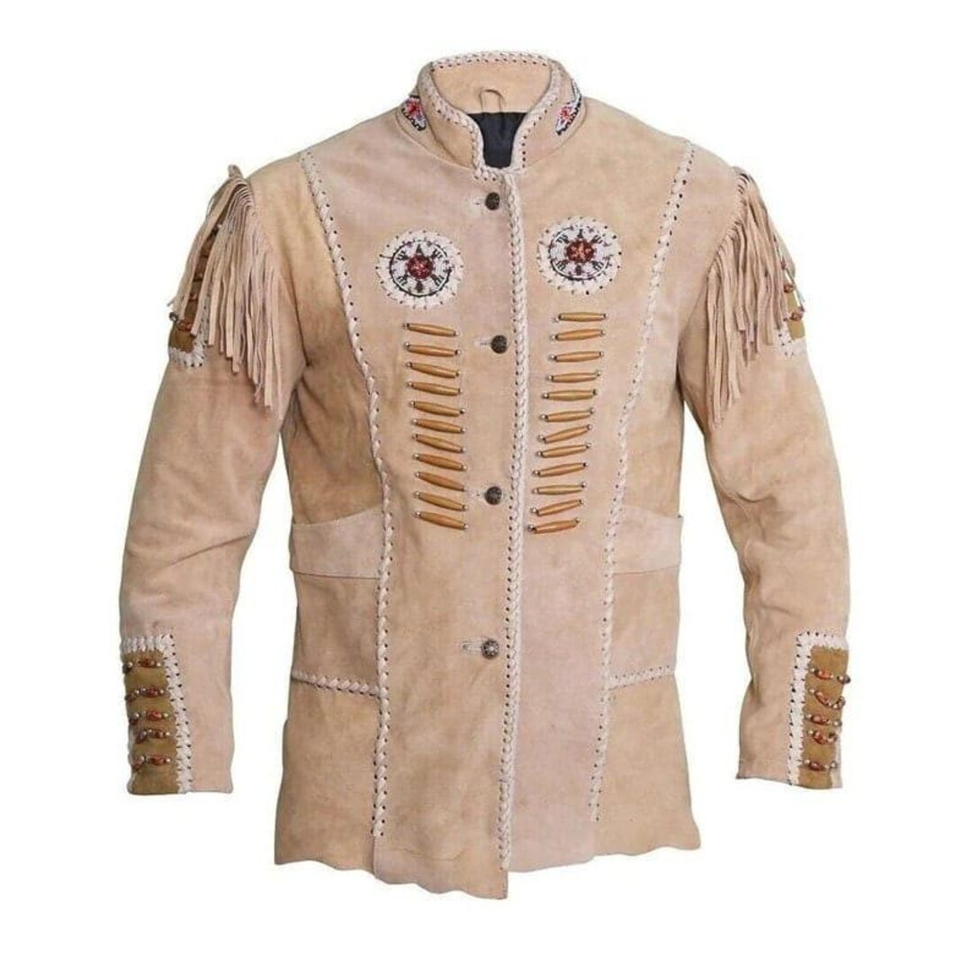 Sema Men's Beaded Suede Fringe Cowboy Jacket – Native American Style, Beige, Sizes XS-5XL