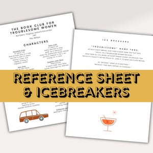 Puede incluir: Hojas de referencia y rompehielos para un club de lectura. Las hojas blancas presentan texto negro, con descripciones de personajes y preguntas para romper el hielo. Tambi&eacute;n hay un coche familiar marr&oacute;n y una ilustraci&oacute;n de c&oacute;ctel.