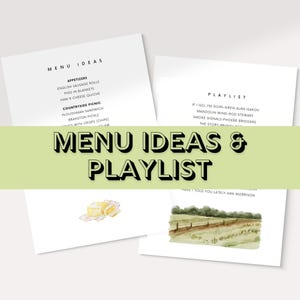 Op de afbeelding: Een groen-witte ge&iuml;llustreerde menu met de tekst "MENU IDEAS" en een lijst met hapjes en picknickartikelen. Een groen-witte ge&iuml;llustreerde afspeellijst met de tekst "PLAYLIST" en een lijst met nummers.