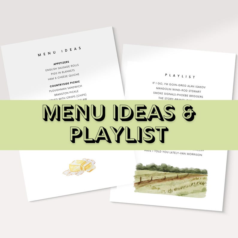 Op de afbeelding: Een groen-witte ge&iuml;llustreerde menu met de tekst "MENU IDEAS" en een lijst met hapjes en picknickartikelen. Een groen-witte ge&iuml;llustreerde afspeellijst met de tekst "PLAYLIST" en een lijst met nummers.