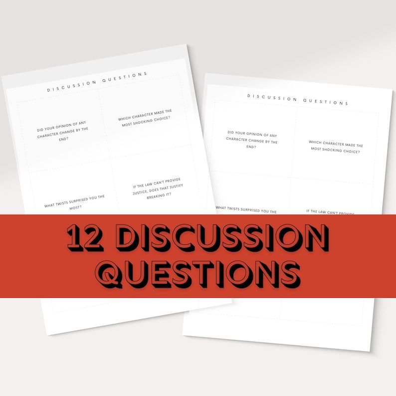 May include: Two white paper sheets with discussion questions are stacked on top of each other. The text "DISCUSSION QUESTIONS" is at the top of each sheet. The bottom of the image has the text "12 DISCUSSION QUESTIONS" in a bold, black font on an orange background.