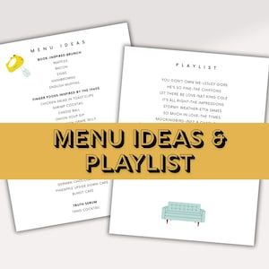 Puede incluir: Un conjunto de tarjetas blancas con ideas de men&uacute; y una lista de reproducci&oacute;n. La tarjeta del men&uacute; incluye ideas para el brunch y aperitivos. La tarjeta de la lista de reproducci&oacute;n enumera canciones. Las tarjetas est&aacute;n dispuestas con una pancarta dorada que dice "MENU IDEAS & PLAYLIST".