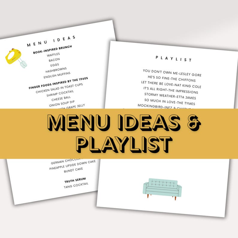 Puede incluir: Un conjunto de tarjetas blancas con ideas de men&uacute; y una lista de reproducci&oacute;n. La tarjeta del men&uacute; incluye ideas para el brunch y aperitivos. La tarjeta de la lista de reproducci&oacute;n enumera canciones. Las tarjetas est&aacute;n dispuestas con una pancarta dorada que dice "MENU IDEAS & PLAYLIST".