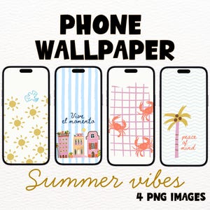 May include: A digital art graphic featuring four smartphone mockups with summer-themed wallpapers. The wallpapers include suns, buildings, crabs, and a palm tree. Text reads "Phone Wallpaper" and "Summer vibes".