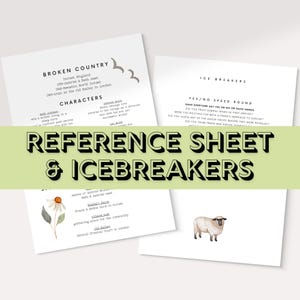 Op de afbeelding: Een referentiekaart en een ijsbreker-spel voor een boekclub. De referentiekaart bevat namen van personages, locaties en gebeurtenissen uit het boek "Broken Country". Het ijsbreker-spel bevat ja/nee-vragen over het boek. De afbeelding toont een aquarel-illustratie van een schaap.