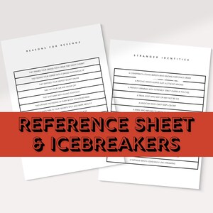 May include: Two white sheets of paper with black text. One sheet reads "Reasons for Revenge" and the other reads "Stranger Identities." A red banner across the bottom reads "Reference Sheet & Icebreakers."