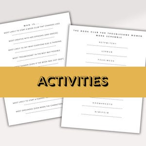 Puede incluir: Una colecci&oacute;n de hojas de actividades de papel blanco con texto negro. Las hojas incluyen juegos de palabras y preguntas para un club de lectura. Una pancarta dorada en la imagen dice "ACTIVITIES" en texto negro.