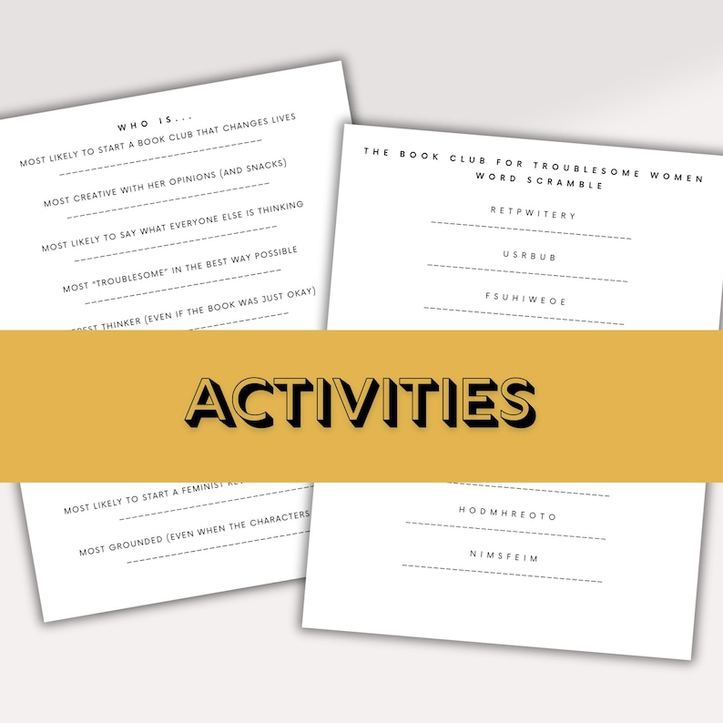 Puede incluir: Una colecci&oacute;n de hojas de actividades de papel blanco con texto negro. Las hojas incluyen juegos de palabras y preguntas para un club de lectura. Una pancarta dorada en la imagen dice "ACTIVITIES" en texto negro.