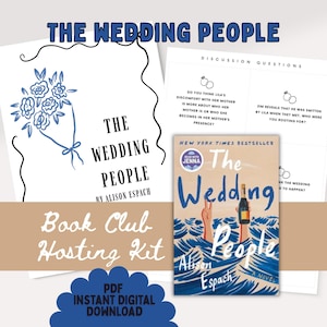 May include: A book club hosting kit for "The Wedding People" by Alison Espach. The kit includes a book cover, discussion questions, and a bouquet illustration. The book cover features a blue and white design with the title and author's name.