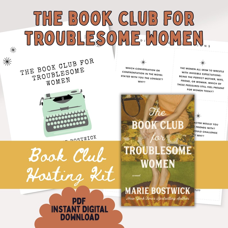 Puede incluir: Un kit de bienvenida para un club de lectura con el t&iacute;tulo "The Book Club for Troublesome Women". El kit incluye preguntas de discusi&oacute;n, una portada de libro y una ilustraci&oacute;n de m&aacute;quina de escribir vintage. Tambi&eacute;n se ven las palabras "PDF Instant Digital Download".