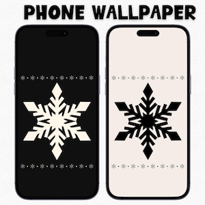 May include: Two smartphone screens displaying winter-themed wallpapers. One features a black background with a cream snowflake and star accents, the other a cream background with a black snowflake and star accents. The text "PHONE WALLPAPER" is at the top.
