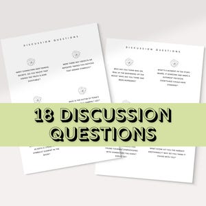 Op de afbeelding: Twee witte kaarten met een zwart bloemenmotief, met 18 discussievragen voor een boekclub. De tekst "18 Discussievragen" is in zwart op een groene rechthoek gedrukt.