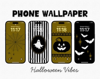 Telefoonachtergronden Halloween Vibes, 4 zwart-witte digitale achtergronden, minimaal Halloween-vergrendelscherm iPhone