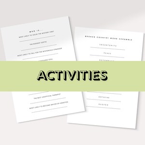 Op de afbeelding: Twee printbare activiteitenbladen met zwarte tekst op wit papier. Het eerste blad heeft een "Wie is..."-spel met vragen als "Wie lost het mysterie waarschijnlijk het eerst op" en "De grootste softie". Het tweede blad heeft een "Broken Country Word Scramble"-spel met woorden als "Scnedtoriyu" and "Pehes".