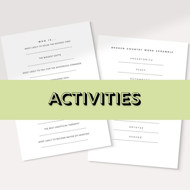Op de afbeelding: Twee printbare activiteitenbladen met zwarte tekst op wit papier. Het eerste blad heeft een "Wie is..."-spel met vragen als "Wie lost het mysterie waarschijnlijk het eerst op" en "De grootste softie". Het tweede blad heeft een "Broken Country Word Scramble"-spel met woorden als "Scnedtoriyu" and "Pehes".