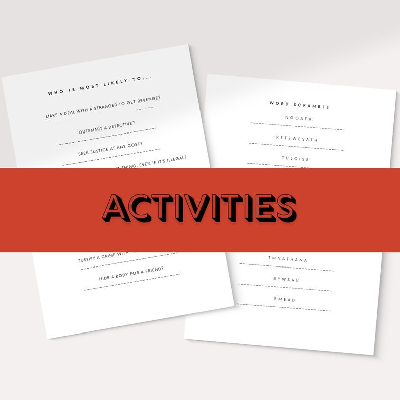 May include: Four white paper activity sheets with black text. The sheets include a "Who is most likely to..." game and a word scramble. A red banner with the word "ACTIVITIES" is across the center.